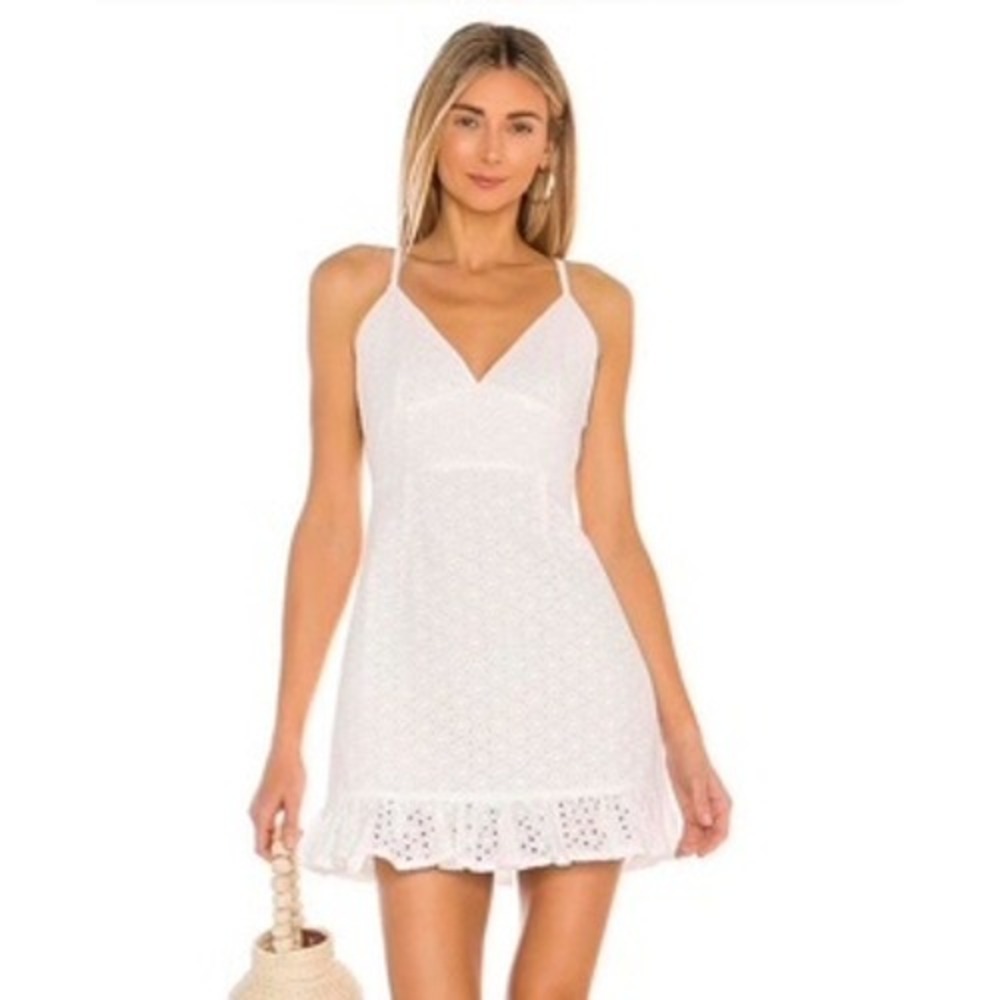 MINKPINK x REVOLVE Eyelet Mini Dress Medium White Cutout Back Ruffle Hem Bride‎
